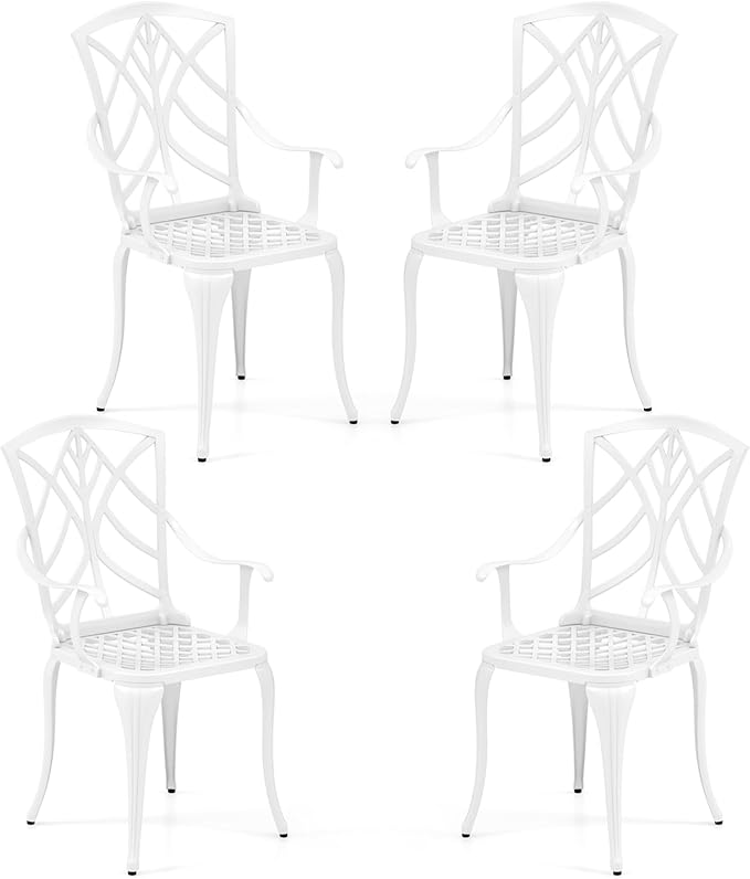 Tangkula Set of 4 Cast Aluminum Patio Dining Chairs, Outdoor Patio Chairs with Armrests, Patio Bistro Chairs for Garden, Backyard, Porch and Lawn, White