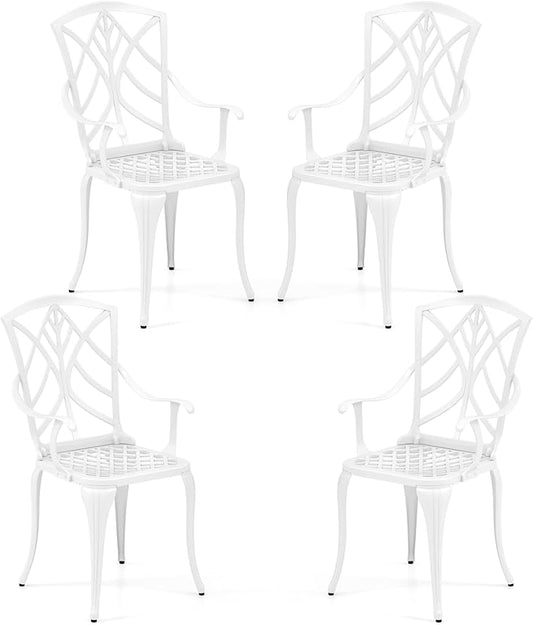 Tangkula Set of 4 Cast Aluminum Patio Dining Chairs, Outdoor Patio Chairs with Armrests, Patio Bistro Chairs for Garden, Backyard, Porch and Lawn, White