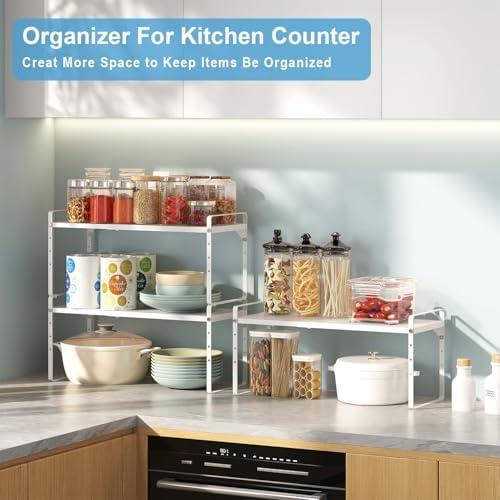 15.5 to 25.5 Inch Expandable Kitchen Cabinet Organizer Shelf, 30 LBS Heavy Duty Stackable Kitchen Counter Storage Shelves Organizers, 2 Pack Adjustable Small Storage Shelf Rack For Cabinet Cupboard