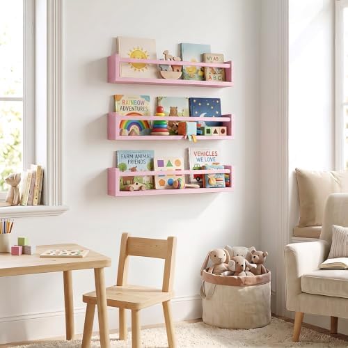 Fixwal Floating Nursery Book Shelves for Wall, 16.5in, Set of 3, Pink | Solid wood shelves store kids' books, toys and clothing. Fits kids' room, playroom, nursery, living room, bedroom & bathroom.
