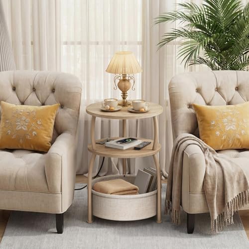 Round Side Table with Charging Station, USB Type C Port, Oak | End Table with Power Outlet,15.75 in Small Round Table with Basket, Space Saving, 3-Tier Small Table for Bedside, Sofa