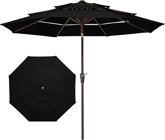 JEAREY 9FT 3 Tier Patio Umbrella Outdoor Market Umbrella Table Umbrellas with 8 Ribs 1.5 Pole Push Button Tilt and Crank UV Protection for Garden,Black