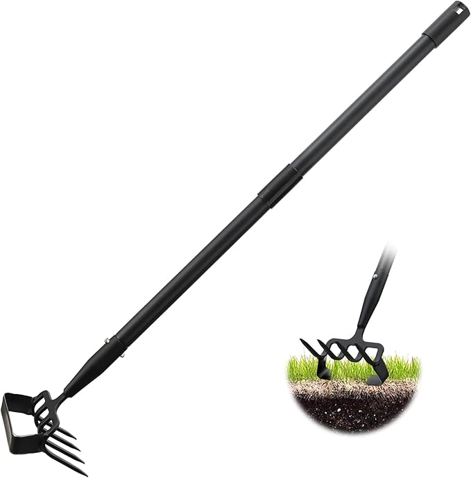 Garden Hoe, 4 Tines Hand Weeding Hoe Garden Tool and Cultivator Long Handle 62", Action Stirrup Scuffle Field Digging Hoe Heavy Duty for Lawn Gardening Weed