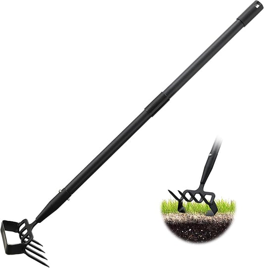 Garden Hoe, 4 Tines Hand Weeding Hoe Garden Tool and Cultivator Long Handle 62", Action Stirrup Scuffle Field Digging Hoe Heavy Duty for Lawn Gardening Weed