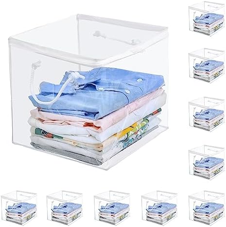10-Pack Clear Zippered Storage Bags with Handles, Two-Way Zipper Foldable Closet Organizer, Bed Sheet Organizer, Plastic Storage Bin for Clothes, Towels