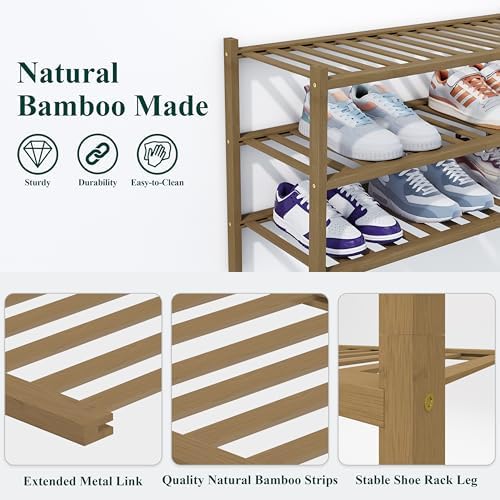 Smiry Bamboo Shoe Rack, 14 Vertical Slats, 3 Tier - 26.8" Wide, Walnut