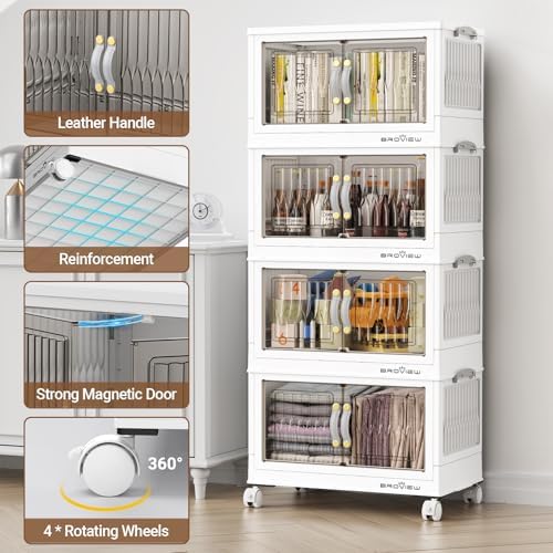 BROVIEW 180Qt Stackable Storage Bins with Lid & Wheels, Plastic Collapsible Closet Organizers and Storage Drawers for Clothes | Foldable Storage Cabinet Container for Dorm Kitchen 4Pack White
