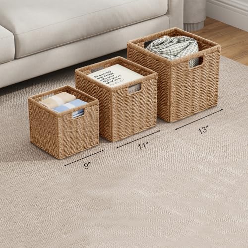 Vagusicc 13 inch Wicker Storage Basket, Set of 2 Handwoven Wicker Baskets for Organizing, Foldable Square Storage Cubes, Large Cube Storage Bins for Shelves, Bathroom, Natural