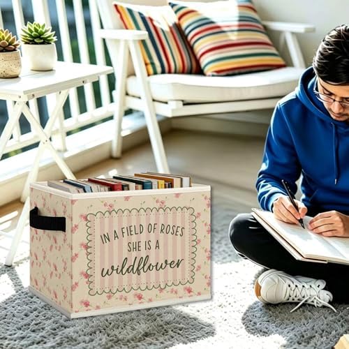 Wildflower Nursery Cube Storage Bins with Handles, in a Field of Roses She Is a Wildflower Girls Collapsible Fabric Storage Basket Boxes Toys Books Clothes Organizer for Girls Bedroom Bathroom