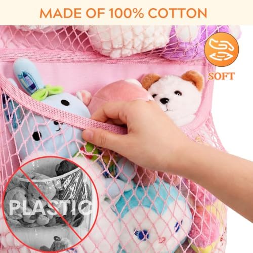 Over The Door Stuffed Animal Storage, Cotton Toy Organizer for Storage Plush Toys,Baby Supplies, Stuffed Animal Holder with 4 Large Pockets, Hanging Door Organizer for Nursery, Bedroom (Pink)