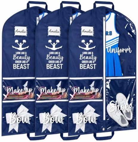 DEEKA 3 Pack Cheer Garment Bag for Hanging Clothes with Zipper Pockets Cheer Accessories Mom Essentials Uniform Costume 40 Inch Black Bags Stuff for Cheerleading Girls (Navy Blue,White-Cheer Quote)