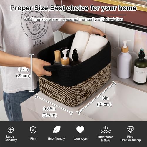OIAHOMY Woven Storage Basket for Shelves, Rectangle Cotton Rope Baskets for Organizing, 13 x 10 x 9 in, Storage Bins for Dog Toys,Towel,Books,Gift,Black and Brown