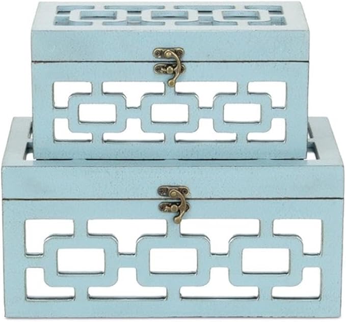 Pemberly Row Set of 2 Distressed Mirrored Wood Boxes, Blue Finish, Geometric Mirror Overlay, Hinged Lids, Synthetic Fabric Lining, Large and Small Keepsake Storage for Bedrooms, Entryways, or Mantles