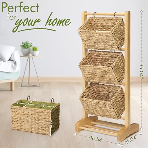 HOMESTEAD 3-Tier Wooden Shelf with Water Hyacinth Woven Baskets – Rattan Shelf Basket, Boho Room Decor, Wooden Book Shelf, Bathroom Storage Shelves, Kitchen, Laundry, Living Room (Natural)