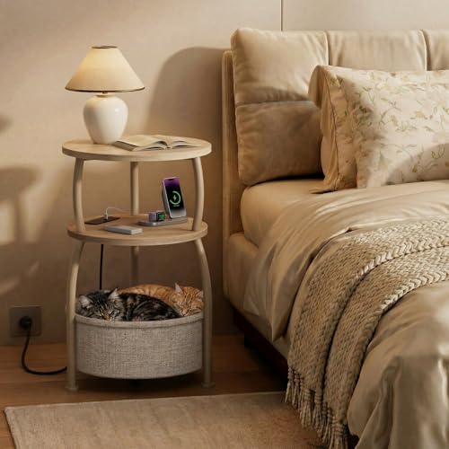 Round Side Table with Charging Station, USB Type C Port, Oak | End Table with Power Outlet,15.75 in Small Round Table with Basket, Space Saving, 3-Tier Small Table for Bedside, Sofa