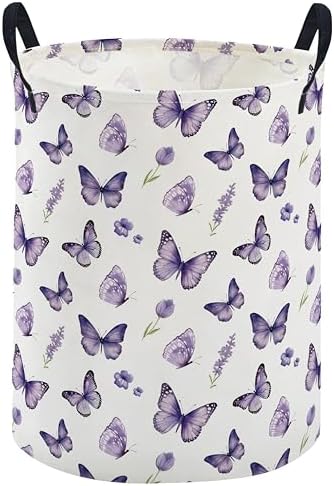 ESSME Kids Laundry Basket,Butterfly Hamper Collapsible Canvas Waterproof Storage Bin for Girls, Cute Hamper,Gift Baskets(Purple butterfly)
