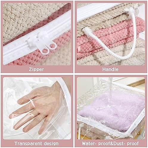 10-Pack Clear Zippered Storage Bags with Handles, Two-Way Zipper Foldable Closet Organizer, Bed Sheet Organizer, Plastic Storage Bin for Clothes, Towels