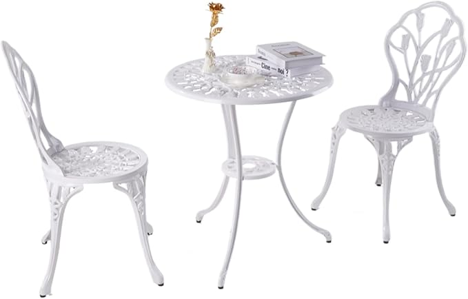 KAILI Patio Bistro Sets 3 Piece cast Aluminum Patio Furniture Outdoor Garden Metal Rust Proof Tables and Chairs White bisrto Set (Tulips-White)