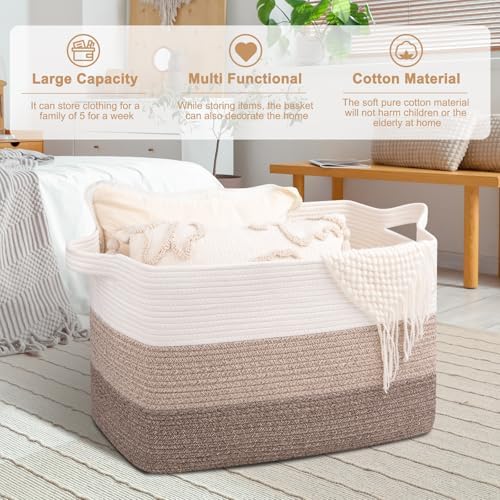 OIAHOMY Extra Large Blanket Basket, 110L Cotton Rope Woven Laundry Basket, Toy Bin for Baby Room, Container for Blanket Storage in Living Room, 24.8''×17.3''×15.8'', Gradient Brown