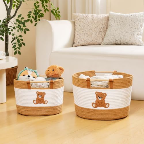 Large Blanket Basket 35L Cotton Rope Baskets with Wooden Handles Woven Baskets for Kids Stuffed Animal Toys Storage for Nursery, Laundry Hamper Clothes Baby Hamper Boys Gift Basket Empty, (Bear）
