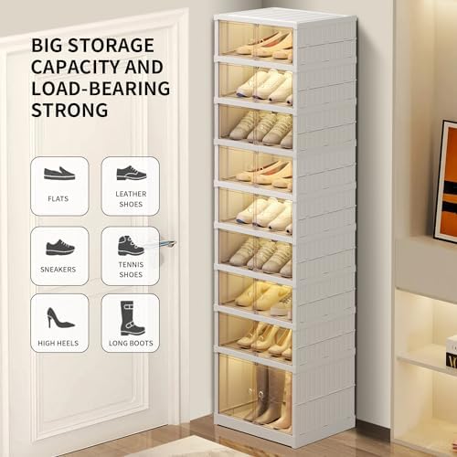 EHAMILY 9-Tier Foldable Shoe Rack Organizer, Magnetic Doors, 18 Pairs,White