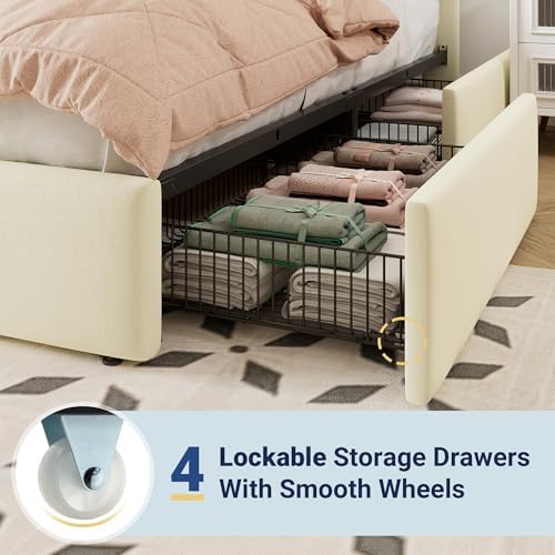 Allewie Queen Size Storage Bed Frame, Vertical Channel Tufted Adjustable Headboard, Velvet Upholstered Platform Bed with 4 Oversized Underbed Drawers, Wooden Slats Support, No Box Spring Needed, Cream