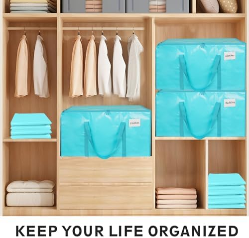 12 Pack-Extra Large Heavy Duty Moving Bags - Waterproof Storage Totes with Handles & Zippers, Foldable for College Dorm, Storage (lake blue)