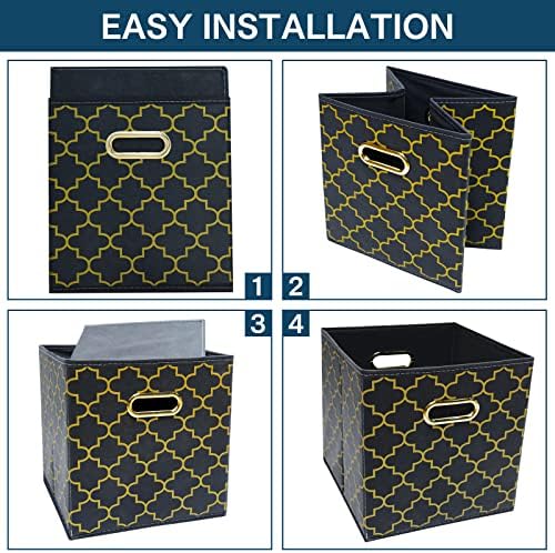 Fabric storage bins Cubes, Fabric Cube Organizer with Handle, Foldable Cube Bins for Cloth or Accessary Storage, 11x11x11, Set of 3, (Grey Gold)