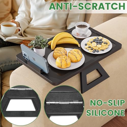 Youpehom Bamboo Sofa Tray,Couch Arm Table, Clip-On Armrest Tray Table for Wide Couch Foldable Tray with 360° Phone Holder Couch Arm Tray for Eating/Drinks/Snacks/Remote，2 Pack
