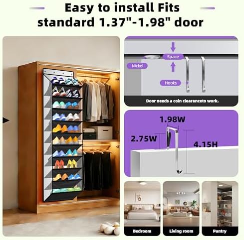 PAULONE 10-Pocket Multi-Use Over the Door Organizer, Heavy Duty 95lbs Capacity with Breathable Mesh, Versatile Hanging Storage for Shoes, Toys, Office Supplies-Classic (Piano Gloss Black, 10-Shelf,)