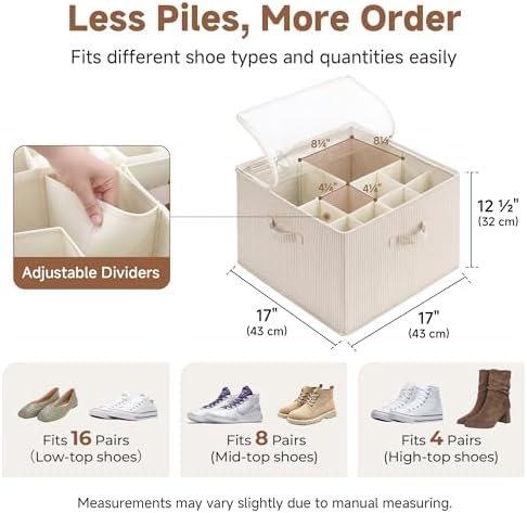 StorageWorks 2-Pack 32-Pair Shoe Organizer Bins, Khaki and Beige Stripes | Adjustable Dividers, Holds up to 16 Pairs Each, Foldable, Clear Lid, Fits Shoes, Clothes, Blankets, For Seasonal Storage