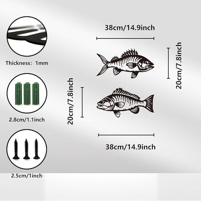 WADORN Metal Fish Wall Art Decor, Fishing Metal Wall Art Hanging Decor Signs Fishing Living Wall Sculpture Statues Decor for Home Living Room Bedroom Bathroom Cabin, 7.8x14.9Inch
