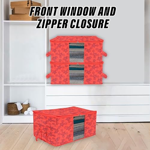 Kuber Industries Underbed Storage Bag | Clothes Storage Organizer | Blanket Cover with Clear Window | Zipper Closure & Handle Cloth Organizer | New Flower-Design | Large | Pack of 6 | Red