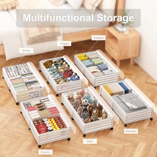 Under Bed Storage with Wheels-Large Bamboo Underbed storage Containers with Large Dust Bag Stackable Under the Bed Shoe Storage Bins for Clothes Books Bedding (2 Packs White, 33.07"L×16.54"W× 6.5"H)