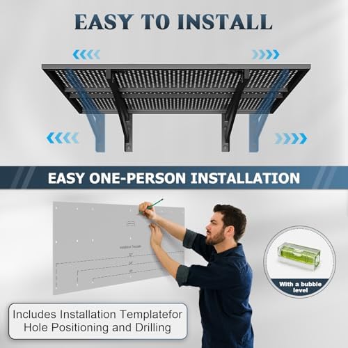 Jusgym 2 Pack Garage Shelving Wall Mounted, 2x3ft, 700LBS Integrated Grid | Heavy Duty Garage Wall Shelving, 24"x72" Garage Storage Rack Floating Shelves, Rustproof Black Coating for Garage Workshop