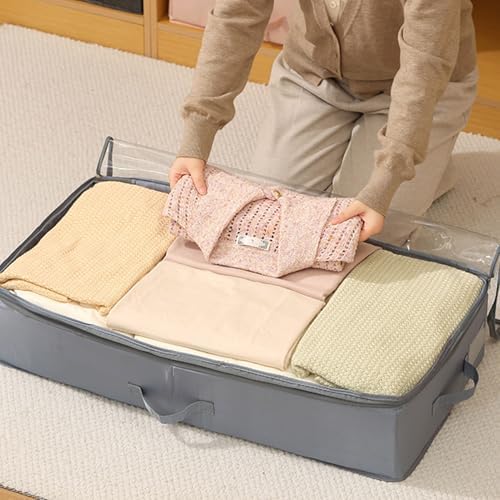 Foldable Underbed Storage Bag Compressible Flat Narrow Design with Transparent Cover for Clothes Blankets Bedding Storage (L Grey)
