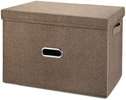 Large Linen Fabric Foldable Storage Bins with Removable Lid and Handles, Washable Storage Box Organizer Containers Baskets Cube with Cover for Bedroom,Closet,Office (Coffee, Extra Large)