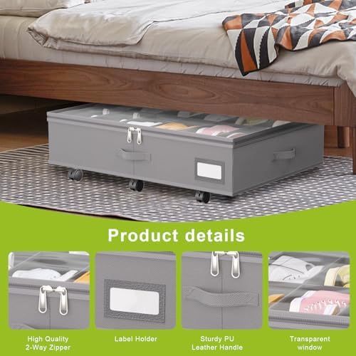 homyfort Under Bed Shoe Storage with Wheels, Fits 24 Pairs, Rolling Shoe Organizer with Bottom Support & Clear Lids, Sturdy Under Bed Storage Box for Shoes, Set of 2, Grey