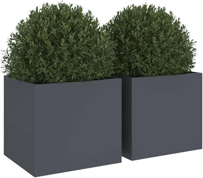 Anthracite Steel Outdoor Planter Set of 2 with Decorative Inlays, Cold-Rolled Metal Planters for Balcony Patio Garden, Durable Industrial Design for Plants and Flowers