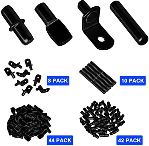 104Pcs Shelf Pins Pegs Kit,4 Styles Shelf Support Pegs,Bookshelf Pegs for Shelves,Cabinet Shelf Bracket Pegs Shelf Holders Pins for Kitchen Furniture & Closet (5mm & 1/4 inch,Black)