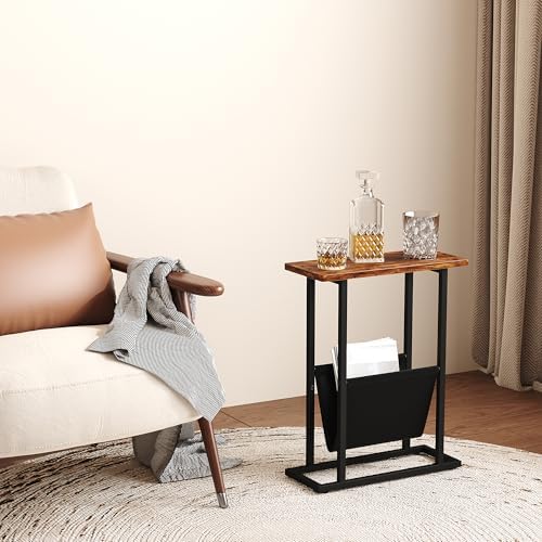 Yusong Narrow Side Table for Small Spaces, Small End Table with Magazine Holder, Skinny Slim Little Thin Table for Living Room, Bedroom, Sofa, Rustic Brown