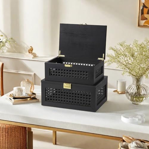 Decorative Rattan Storage Boxes Baskets with Lid Wooden Frame