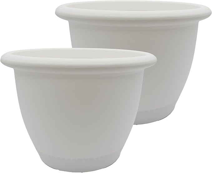The HC Companies Sevilla Flower Planters - Durable Outdoor & Indoor Planter - Round Lightweight Self Watering Plant Pots for Herbs & More (12" White, Pack of 2)