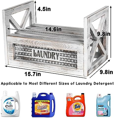 Laundry Detergent Holder with Drip Tray Catcher - Wooden Farmhouse Laundry Room Decor - Rustic Detergent Holder Accessories for New Home Storage, Space-Saving Organizers Decor Must Haves