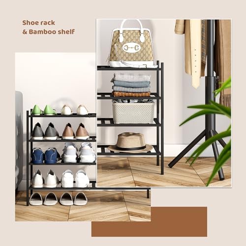Bamboo Shoe Rack Stackable Shoe Shelf Storage Organizer for Unit Entryway Hallway and Closet Sturdy Freestanding Shoe Shelf (4L Tier Black)
