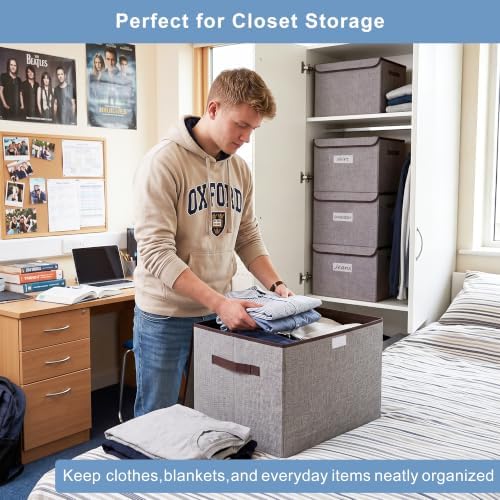 Bagnizer Large 42 Quarts Fabric Storage Bins with Lids [2-Pack] Linen Collapsible Foldable Storage Cubes, Closet Organizer Containers boxes with Handles for Home Office (16.7 x 12 x 12, Gray)