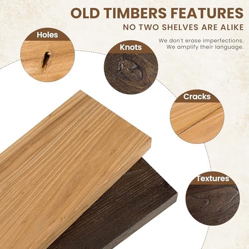 Acovy Extra Deep 24/32/36/40/48/55/72" Rustic Solid Elm Wood Floating Shelves for Wall, Wall Shelves with Invisible Bracket for Living Room Bathroom Bedroom Kitchen, Natural