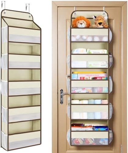 Yecaye Over The Door Organizer Storage, 5-Tier Heavy Duty Door Organizers Hanging with 10 Side Mesh Pockets, 44 lbs Load Capacity Behind Door Storage for Bathroom Nursery Bedroom Dorm Closet,Beige,1Pc