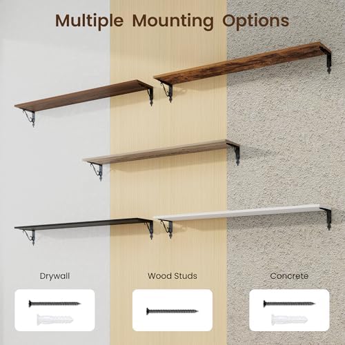 RICHFOCUS Floating Shelves for Wall Decor, 47.3W x 8D Shelves Set of 2, 8 Inch Deep Rustic Wood Shelf Wall Mounted with Brackets, Long Shelves for Living Room Bedroom Kitchen, Rustic Brown