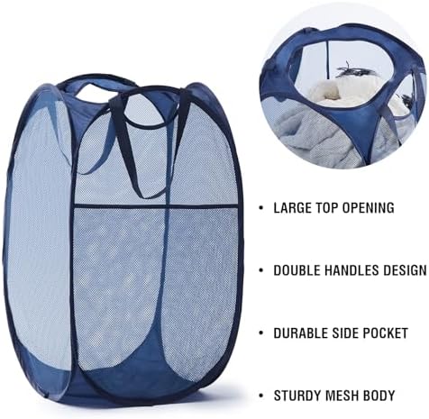 TECHMILLY Upgraded 105L Collapsible Mesh Pop Up Laundry Hamper with Sturdy Handles and Side Pocket - Portable Foldable Clothes Baskets for Dorm, Bathroom & Travel Storage (Blue Plus)